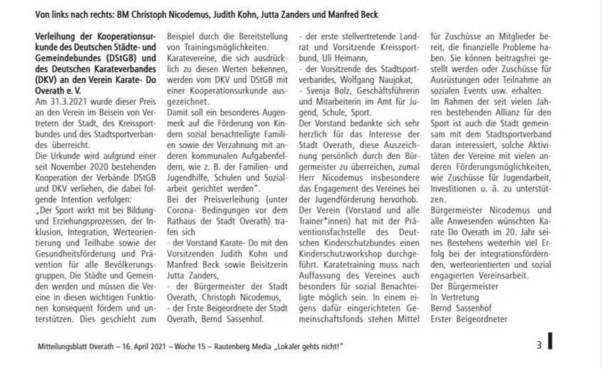Uebergabe Urkunde Overather Mitteilungsblatt 15042021